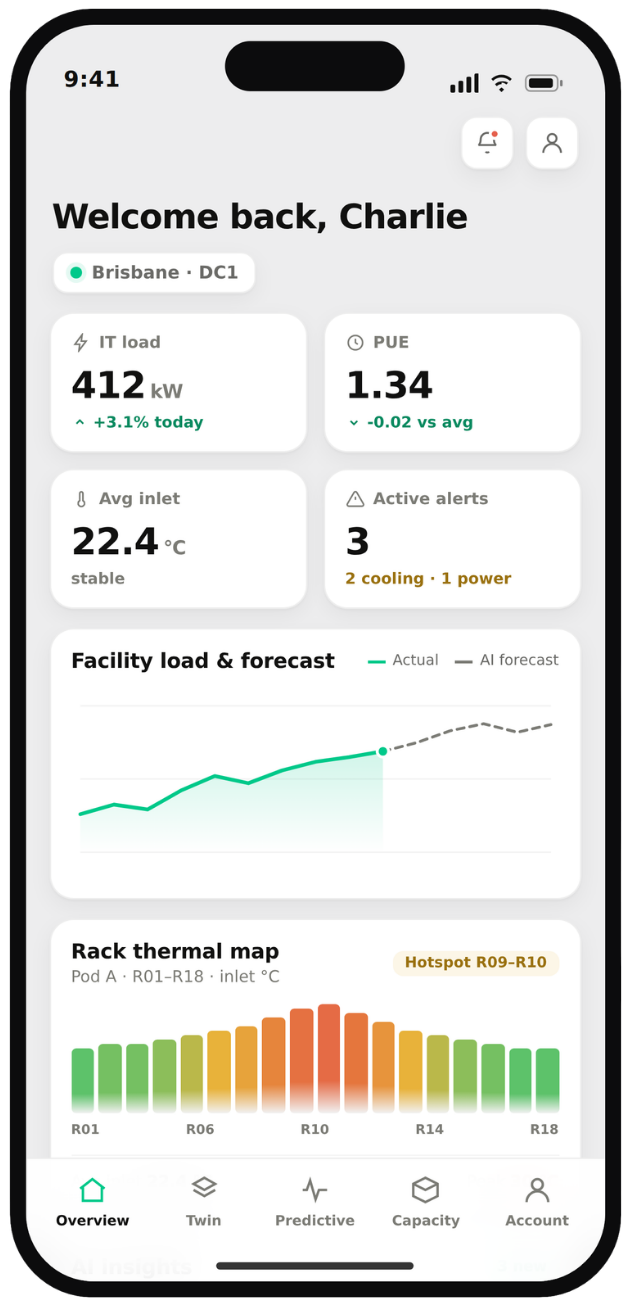 Rackview mobile overview — IT load, PUE, load forecast and rack thermal map