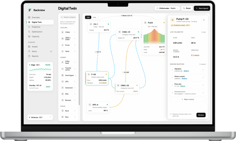 Rackview digital twin — graphical system builder with live telemetry on Pump P-04